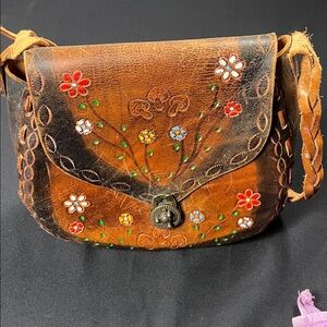 Vintage 70s Floral Embroidered Leather Crossbody Bag.